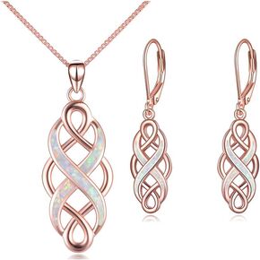 YFN Irish Celtic Knot Created Opal Pendant Necklace Earrings Jewelry Set Infinity Love Sterling Silver