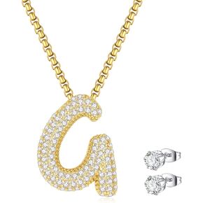 Bubble Letter Necklace Gold for Women, 14K Gold Plated Initial Necklace, Chunky Balloon Pendant Necklace, Dainty Alphabet A-Z Name Necklace, Diamond Necklace and Earrings Set for Women