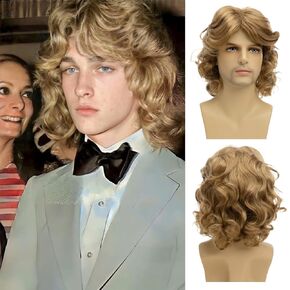 Sallcks Men Wigs Short Blonde Wig Blonde Curly Wavy Wig Shoulder Length Synthetic Hair Wig for 90s Cosplay Party Halloween Daily Wear