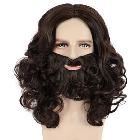 karlery Adult Men Long Wave Brown Mustache Beard Jesus Wig Halloween Costume Cosplay Party Wig