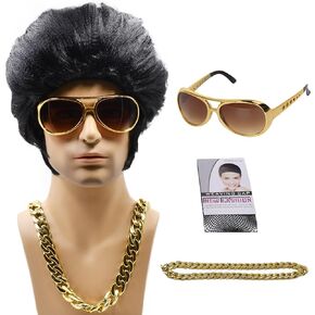 50s Rocker Wig with Sideburns-Adult Retro Rock and Roll Costume Wig Accessory for Cosplay Halloween Theme Party, Sunglass and Necklace Included