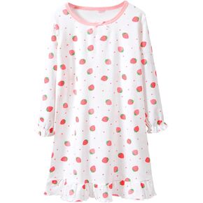 KISBINI Little Girls Cotton Nightgowns Strawberry Long Sleeve Princess Pajama Cute Dress for Girls