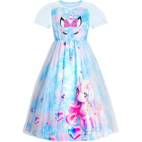 LQSZ Girls Nightgown Princess Dress Puff Sleeve Toddler Pajama Gown Unicorn Casual Princess Nightgown for Toddlers 4 5T