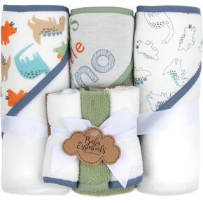 Hooded Baby Bath Towel and Washcloth 6 Piece Set for Newborns, Infants & Toddlers, Boys & Girls Baby Hooded Towels Set (Dinosaurs & Stripes)