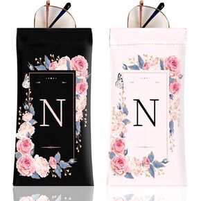2Pcs Initial Letter Sunglass Eyeglass Glasses Case Soft PU Leather with Cleaning Cloth Cute for Men Women Girs
