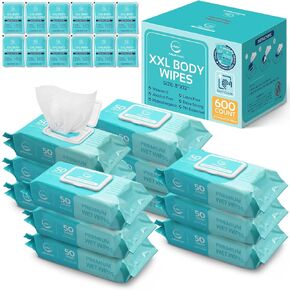 Body Wipes for Adults - XL Wet Wipes 8" x 12" (600 count) | Rinse Free Bathing Wipes - Wash Cloths for incontinence, Disposable Washcloths with Aloe Vera and Vitamin E - Camping, Elderly, Bathing
