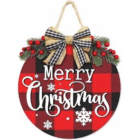 Merry Christmas Sign for Front Door, 3D Buffalo Plaid Christmas Sign with Burlap Bow-Knot, Christmas Wreath for Front Porch Farmhouse Window Wall Indoor Outdoor Decorations (snow)