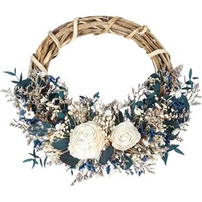 18Inch Blue Dried Flowers Natural Wreath, Door Wreaths for Front Door Outside All Season Farmhouse Wreath for Porch, Indoor Outdoor Decor, Holiday, Wedding Decoration
