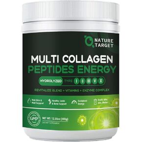 NATURE TARGET Multi-Collagen-Peptides-Powder - Hydrolyzed Collagen with Energy Blend + Multivitamin & Minerals, Supports Energy Skin Hair Nail & Joint, Non-GMO, 35 Servings