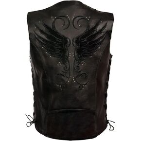 Milwaukee Leather MLL4505 Women's Black Leather Side Lace Motorcycle Rider Vest- Reflective and Studded Black Wings