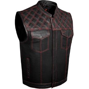 Dream Apparel Men's SOA Denim & Leather Motorcycle Vest for Riding w/ 2 Concealed Carry Pockets, Biker Vest Black Club Vest