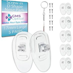 GMS Optical D Shape Screw-in Soft Silicone Eyeglass Nose Pads - Eyeglass Repair Kit with Screws and Screw Driver, Anti-Slip Nose Pads for Glasses, (5 Pair) (Large 17mm)