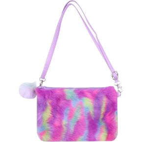 Fuzzy Plush Leopard Crossbody Purse for Girls Kids Rainbow Faux Fur Shoulder Bag Handbag Wallet with Pompom in Saudi Arabia