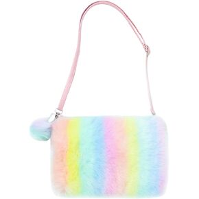 Fuzzy Plush Leopard Crossbody Purse for Girls Kids Rainbow Faux Fur Shoulder Bag Handbag Wallet with Pompom