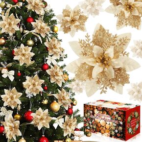 Poinsettia Christmas Flowers Decoration -12Pcs Artificial Red Gold Poinsettia Christmas Tree Ornaments Glittery for Xmas New Year Wedding Party Wreath DIY Garland Decor (Gold)