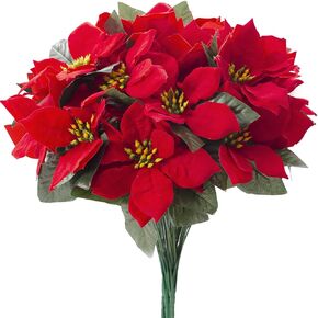 Poinsettias Artificial Christmas Flowers Bouquet 6 Pack 5 Heads 13.7" Red Velvet Poinsettia Flowers for Home Porch Xmas Tree Garden Indoor Outdoor Christmas Decorations Red