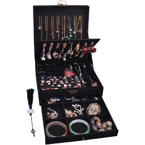 Women Jewelry Box Lockable 3 Layers Large Jewelry Organizer Storage Case for Earrings Necklaces Rings Bracelets,Green Display Jewel Holder (Green)