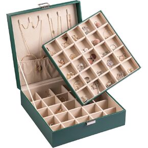 Frebeauty Earring Organizer Classic Jewelry Box 50 Slots Double Layer Jewelry Storage Case with 6 Necklace Hook and Bracelet Pocket(Black)
