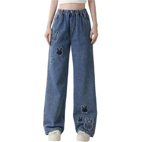 Floerns Girl's Rabbit Patched Elastic Waist Baggy Jeans Straight Leg Denim Pants