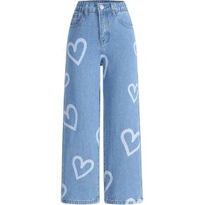 Milumia Girl's Heart Print Elastic Waist Denim Jeans Straight Leg Cute Long Pant