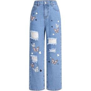 WDIRARA Girl's Butterfly Print High Waisted Ripped Jeans Distressed Straight Leg Denim Pants