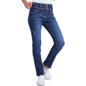 YMI Jeans Girls 3 Button Essential Skinny Jeans with Faux Front Pockets, Midnight Sky Blue Rips, 07