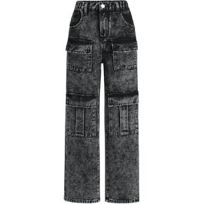 Floerns Girl's Flap Pocket Cargo Jeans Zipper Up Wide Straight Leg Street Denim Pants
