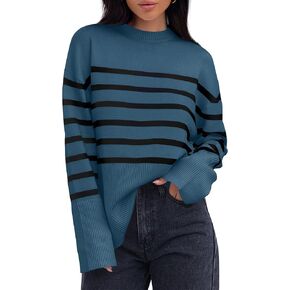 ZESICA Women's Fall Winter Striped Long Sleeve Crew Neck Ribbed Knit Side Slit Oversized Pullover Sweater Jumper Top