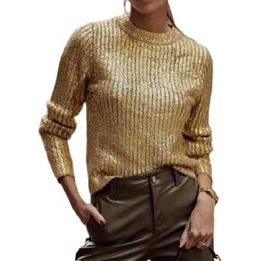 LifeShe Women's Metallic Solid Color Knit Sweater Crewneck Casual Loose Pullover Jumper Tops Blouse