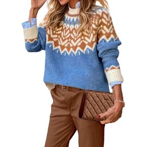 EARKOHA Women's Casual Mock Neck Ribbed Sweater Pullover 2024 Fall Oversized Long Sleeve Print Sweater Top