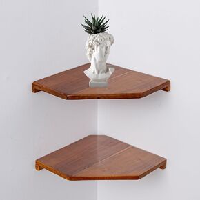 2 Pcs Floating Corner Shelves for Bathroom, Kitchen or Living Room Decor, Wooden Wall Mounted Shelves, Natual Teak