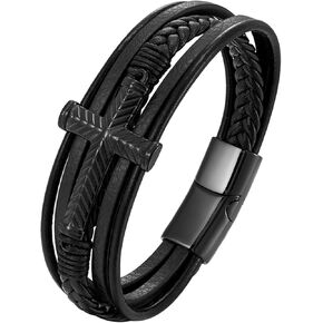 Mens Cross Leather Bracelet, Multi-Layer Braided Religious Cuff Bracelets for Men with Stainless Steel Clasp Anniversary Father's Day Birthday Christmas Jewelry Gifts for Him