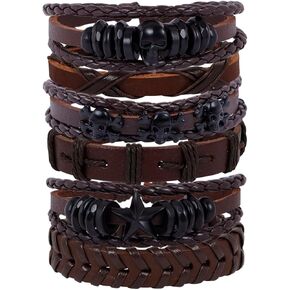 Manfnee Braided Leather Bracelet for Men Women Punk Cuff Wrap Bangle Bracelets Adjustable Black