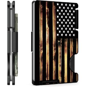 Wallet for Men, Minimalist Card Holder with Cash Strap, Slim Metal Front Pocket Wallet, RFID Blocking, Personalized Wood American Flag