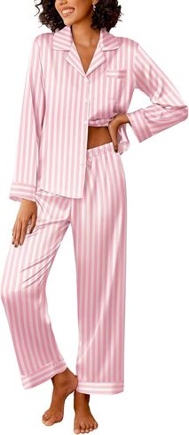 Ekouaer Womens Silk Satin Pajama Sets 2 Piece Sleepwear Pjs Set Long Sleeve Button Down Top and Pants Stripe Loungewear S-XXL in Saudi Arabia