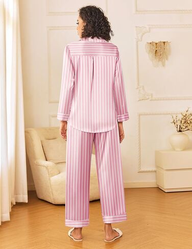 Ekouaer Womens Silk Satin Pajama Sets 2 Piece Sleepwear Pjs Set Long Sleeve Button Down Top and Pants Stripe Loungewear S-XXL in Saudi Arabia