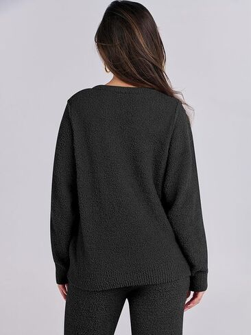 طقم بيجامة نسائي من الصوف الغامض من ANRABESS مكون من قطعتين وأكمام طويلة وسراويل واسعة الساق طقم مطابقة للاستراحة خريف وشتاء 2024 in Kuwait