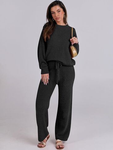 طقم بيجامة نسائي من الصوف الغامض من ANRABESS مكون من قطعتين وأكمام طويلة وسراويل واسعة الساق طقم مطابقة للاستراحة خريف وشتاء 2024 in Kuwait