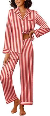 Ekouaer Womens Silk Satin Pajama Sets 2 Piece Sleepwear Pjs Set Long Sleeve Button Down Top and Pants Stripe Loungewear S-XXL in Saudi Arabia