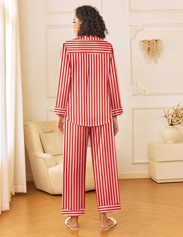 Ekouaer Womens Silk Satin Pajama Sets 2 Piece Sleepwear Pjs Set Long Sleeve Button Down Top and Pants Stripe Loungewear S-XXL in Saudi Arabia