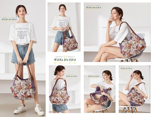 Worldlyda Women Canvas Hobo Purse Multi Pocket Tote Shopper Shoulder Bag Casual Top Handle handbag with Embroidery Ethnic in Kuwait