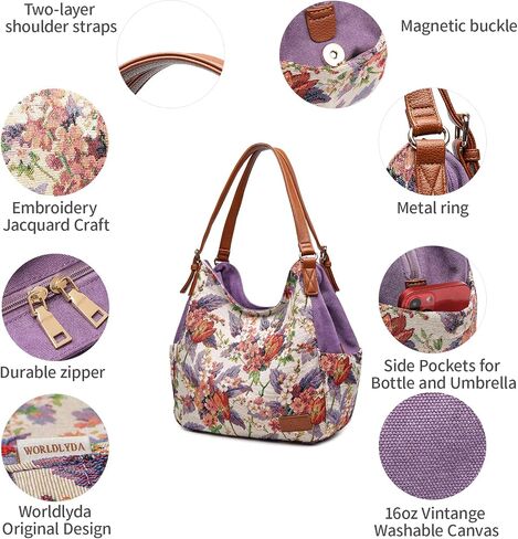 Worldlyda Women Canvas Hobo Purse Multi Pocket Tote Shopper Shoulder Bag Casual Top Handle handbag with Embroidery Ethnic in Kuwait