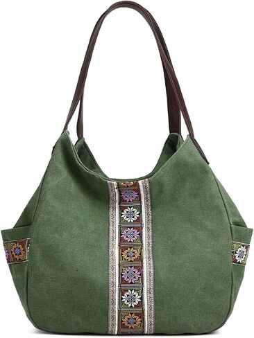 Worldlyda Women Canvas Hobo Purse Multi Pocket Tote Shopper Shoulder Bag Casual Top Handle handbag with Embroidery Ethnic in Kuwait