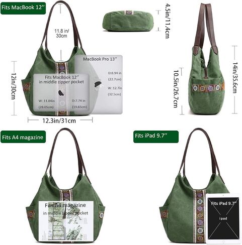Worldlyda Women Canvas Hobo Purse Multi Pocket Tote Shopper Shoulder Bag Casual Top Handle handbag with Embroidery Ethnic in Kuwait