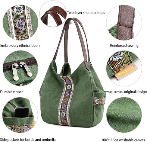 Worldlyda Women Canvas Hobo Purse Multi Pocket Tote Shopper Shoulder Bag Casual Top Handle handbag with Embroidery Ethnic in Kuwait