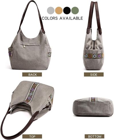 Worldlyda Women Canvas Hobo Purse Multi Pocket Tote Shopper Shoulder Bag Casual Top Handle handbag with Embroidery Ethnic in Kuwait