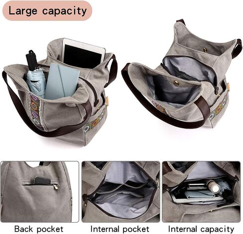 Worldlyda Women Canvas Hobo Purse Multi Pocket Tote Shopper Shoulder Bag Casual Top Handle handbag with Embroidery Ethnic in Kuwait