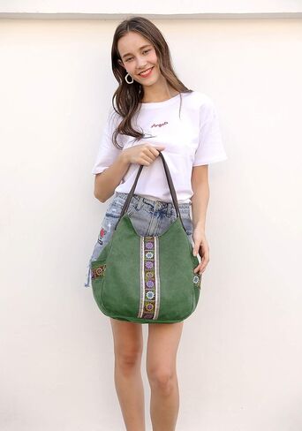 Worldlyda Women Canvas Hobo Purse Multi Pocket Tote Shopper Shoulder Bag Casual Top Handle handbag with Embroidery Ethnic in Kuwait
