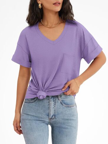 ATHMILE Womens T Shirts 2024 Short Sleeve V-Neck Shirts Cute Fit Summer Casual Tee Tops S-XXL in Kuwait