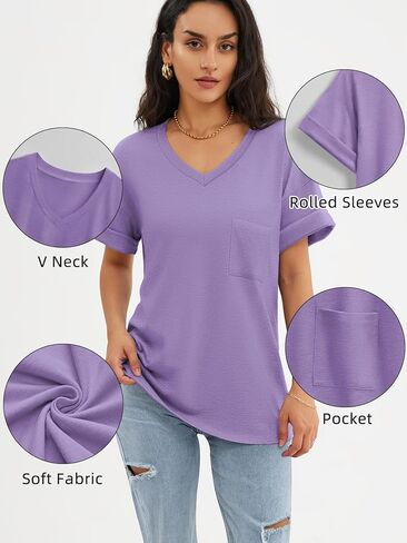 ATHMILE Womens T Shirts 2024 Short Sleeve V-Neck Shirts Cute Fit Summer Casual Tee Tops S-XXL in Kuwait